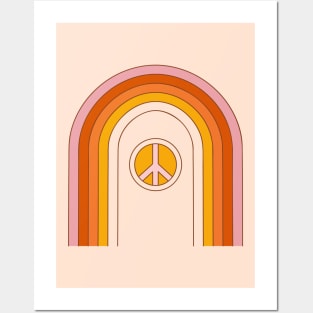 Retro pattern with groovy rainbow, hippie peace sign and flowers. Posters and Art